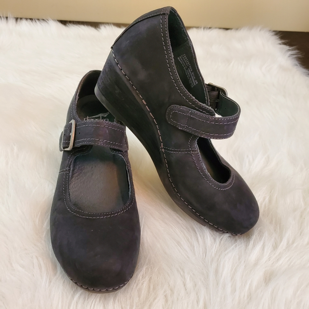 **Dansko Sz 38 Black Nubuck Wedge Mary Jane Clogs